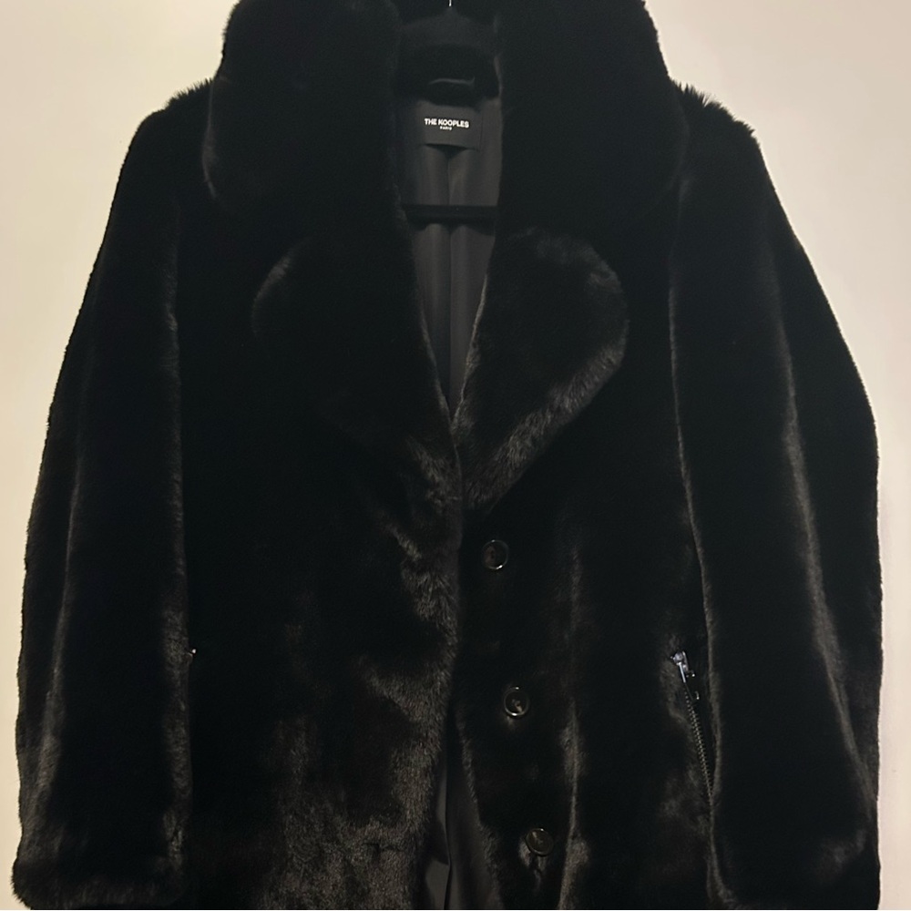 The Kooples Luxurious Black Faux Fur Pea Coat